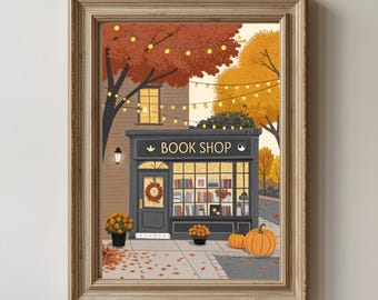 Fall Wall Art: Watercolor Bookstore,  Autumn Leaves  thanksgiving, autumn decor, Products Digital,