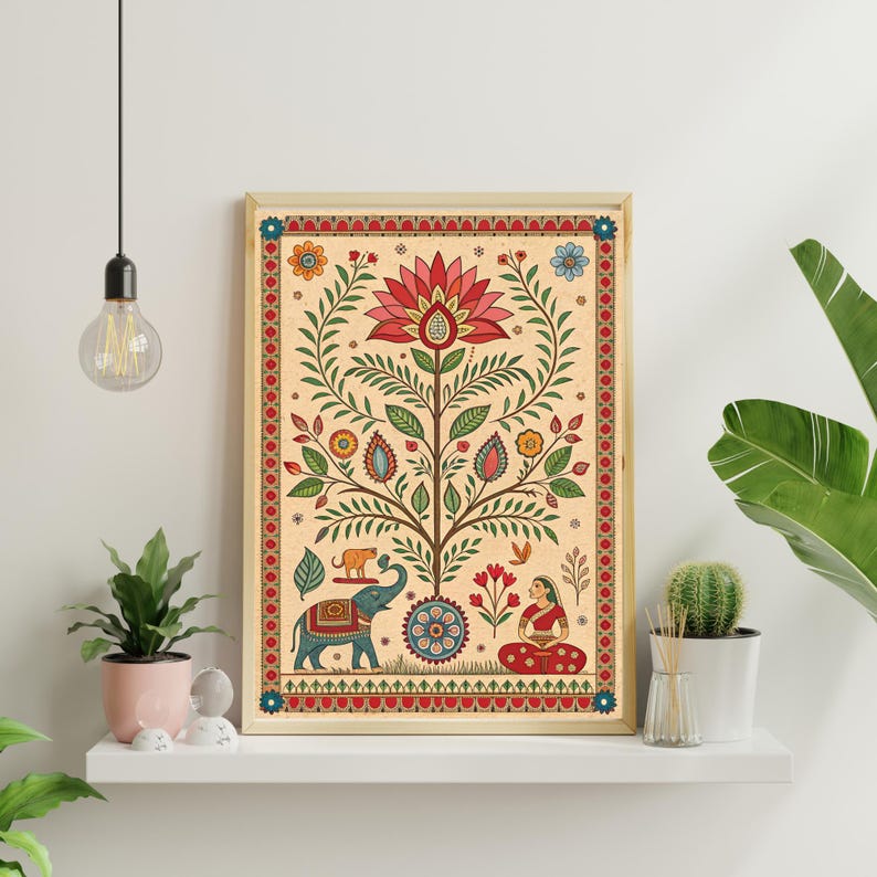 May include: A framed art print featuring a vibrant, stylized tree with a large red lotus flower at the top. The artwork includes an elephant, a meditating figure, and intricate floral and geometric patterns in shades of red, blue, and green.