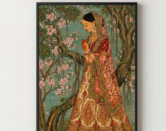 Lady in the garden print, Indian folk art, Mughal inspired, woman painting, floral prints