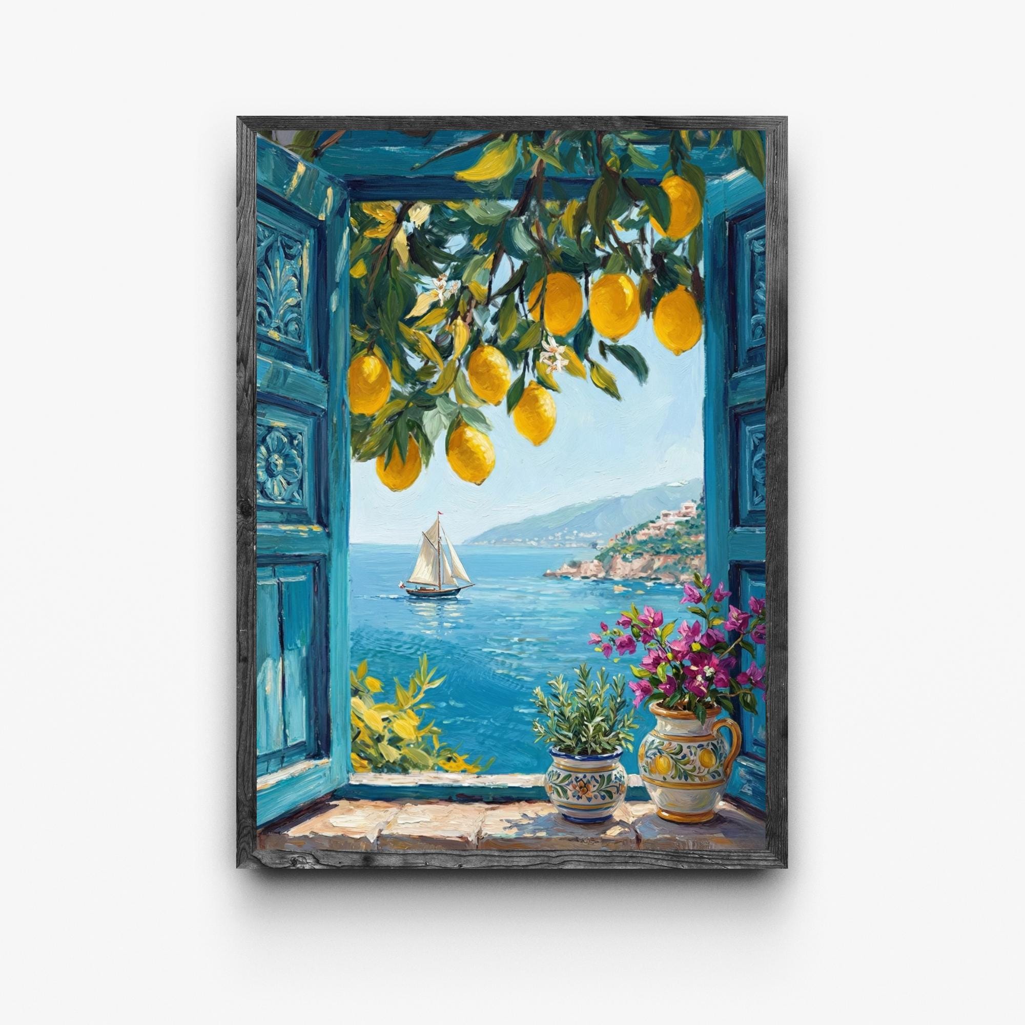 Mediterranean Window View Printable Art Print, Coastal Lemon Tree