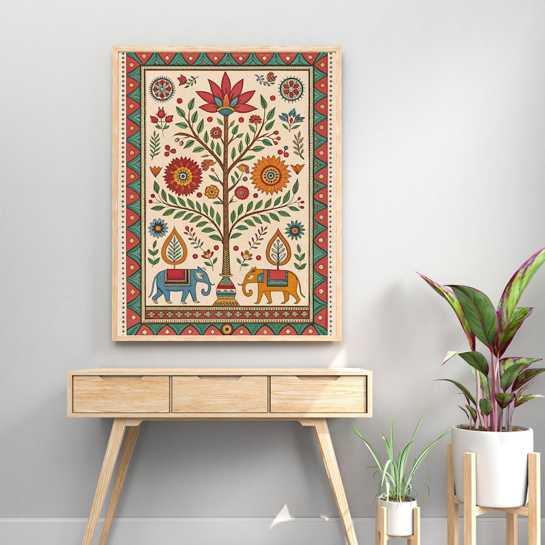 May include: A framed art print featuring a colorful tree of life design with elephants. The artwork has a cream background with a red, green, and orange border. The tree has red, orange, and yellow flowers.