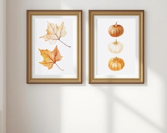 Watercolor pumpkin and leaf prints, autumn decor, Halloween decoration, Thanksgiving, rustic