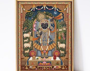 Shrinathji Pichwai painting, Indian Folk Art, cow Painting, shreenathji, Hindu god