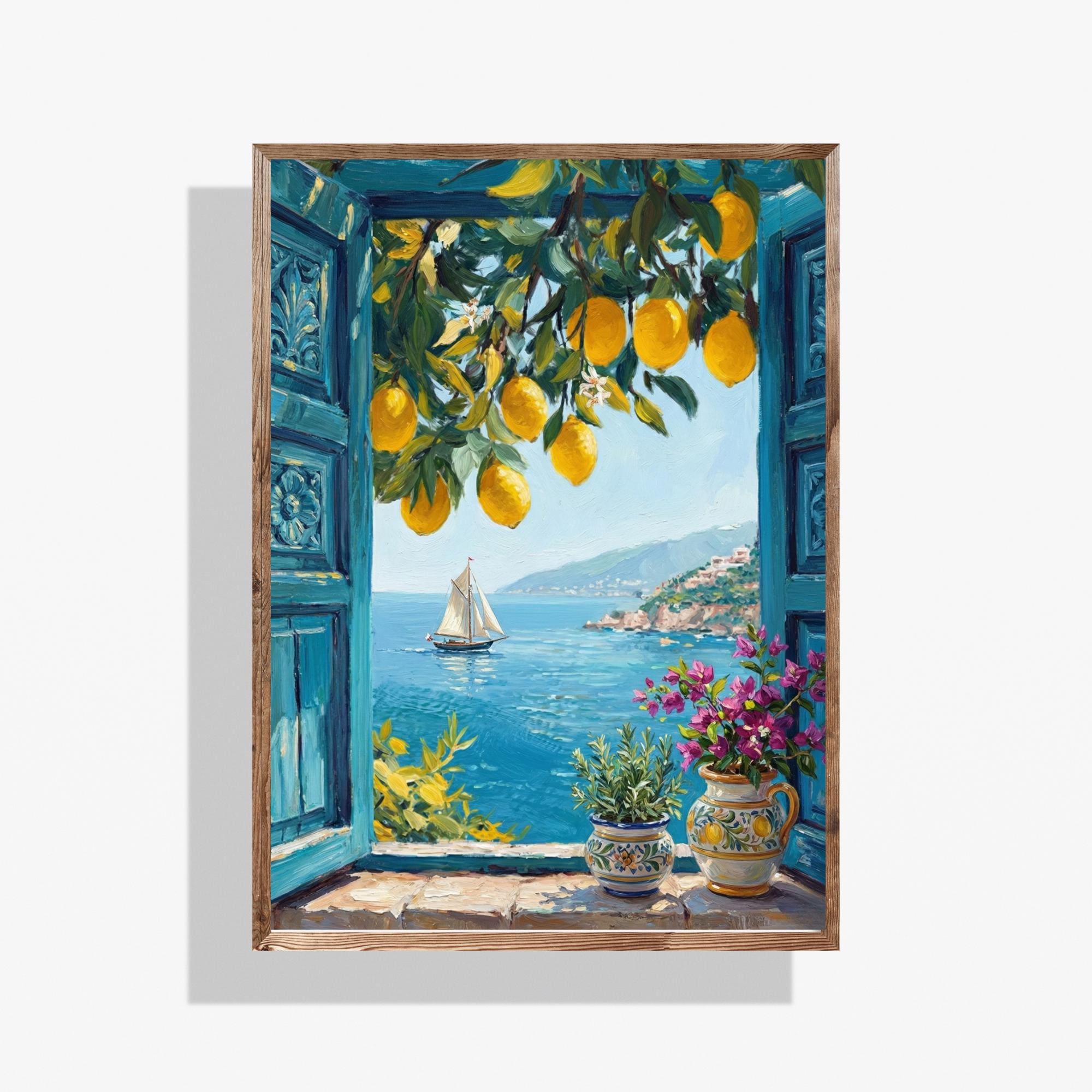 Mediterranean Window View Printable Art Print, Coastal Lemon Tree
