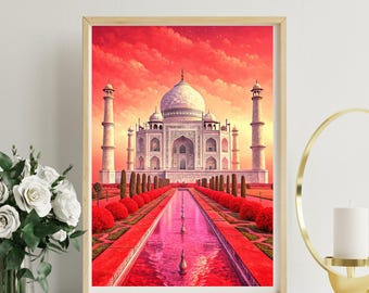 Arte murale del Taj Mahal / Decorazione con riflessione di un punto di riferimento indiano / Regalo da viaggio con architettura Mughal