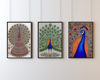Peacock Wall Art, Indian Painting, Colorful Bird Print, Royal Rajasthani Decor,