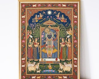 Pittura Shrinathji Pichwai, arte popolare indiana, stampa di mucca, shreenathji, dio indù