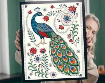 May include: Framed art print featuring a colorful peacock illustration. The peacock has blue, green, and red plumage, with a detailed tail. The background is cream-colored with floral and leaf accents in red, green, and blue. The frame is black.