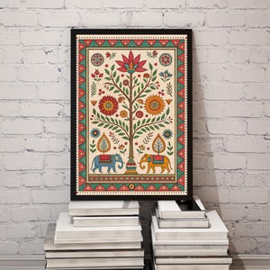May include: A framed art print featuring a colorful tree of life design. The artwork includes a central tree with flowers, leaves, and two elephants. The border is red and green, and the background is cream-colored.