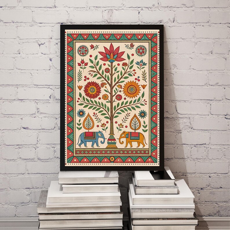 May include: A framed art print featuring a colorful tree of life design. The artwork includes a central tree with flowers, leaves, and two elephants. The border is red and green, and the background is cream-colored.