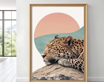 Sleepy Leopard Art ,Minimalist  Animal Print, Modern Jungle Decor, Wildlife Poster, Boho Sunset Artwork,
