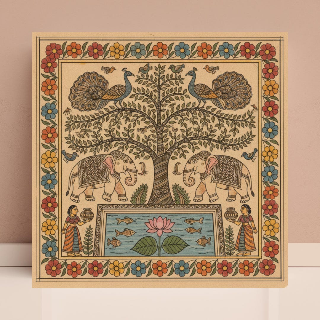 Madhubani Tree of Life Wall Print, Peacock Painting ,elephant Prints ...
