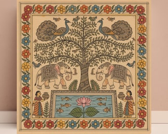 Madhubani Tree of Life wall Print, Peacock painting ,Elephant prints ,Indian Folk art,