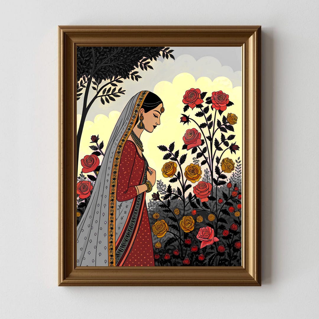 Madhubani Wall Art: Indian Woman in Garden Floral Print (digital ...
