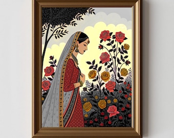 May include: A framed art print featuring a woman in traditional Indian attire standing in a rose garden. The woman wears a red dress and a gray veil. The roses are red and yellow, set against a yellow and gray sky.