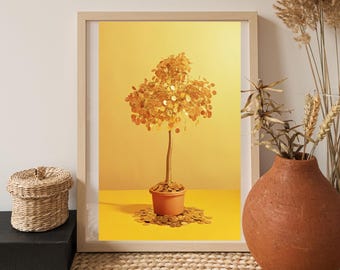 May include: A framed art print featuring a golden tree with coin-shaped leaves in a terracotta pot, set against a yellow backdrop. The tree is surrounded by scattered coins, symbolizing wealth and prosperity. The artwork is displayed on a neutral-toned surface.