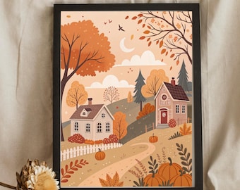 Fall wall art digital download, autumn decor, thanksgiving sign, cozy harvest scene.