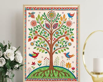 May include: A framed art print featuring a colorful tree illustration. The tree has a brown trunk, green leaves, and vibrant flowers. Two birds are perched on the branches. The artwork is framed in a gold-colored frame and sits on a white surface.