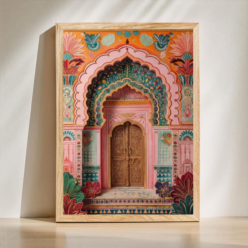 May include: A framed art print depicting a detailed illustration of an ornate archway and door. The artwork uses a vibrant colour palette of pink, orange, green, and gold, with floral and geometric patterns. The wooden frame adds a natural touch.