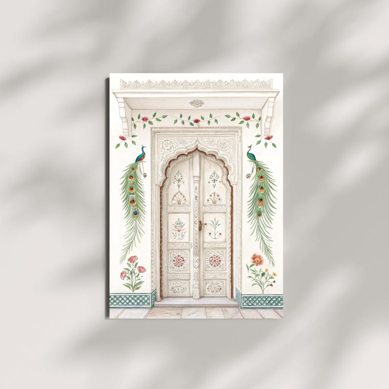 May include: A watercolor print of a white arched doorway with intricate carvings and floral details. The artwork features peacock feather accents and floral patterns, with a decorative border at the base. The overall theme is an Indian architectural design.