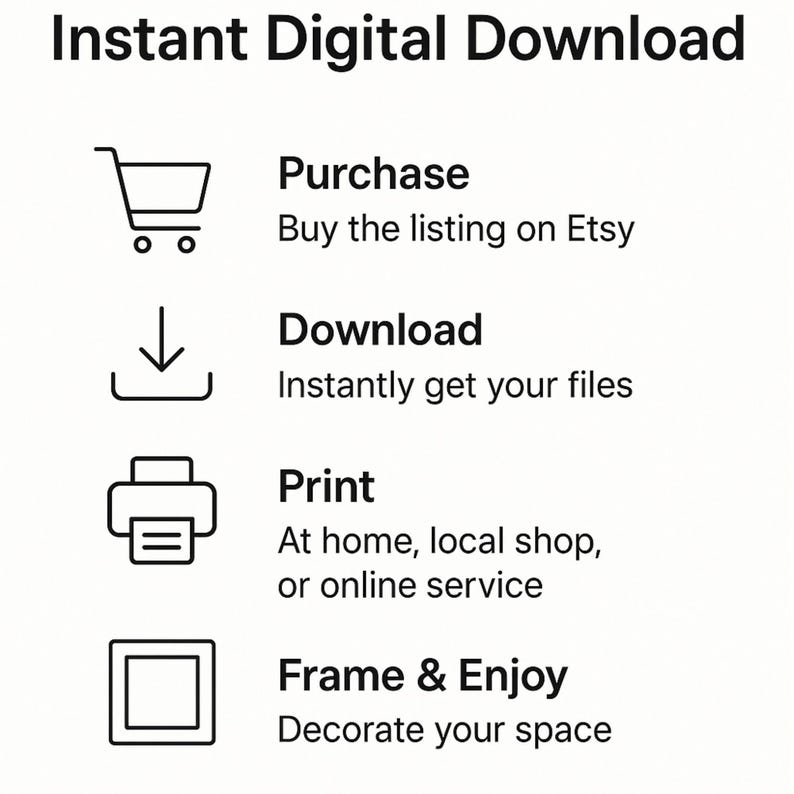 May include: A white graphic detailing the process of an instant digital download. The text includes "Instant Digital Download", "Purchase", "Download", "Print", and "Frame & Enjoy", each with an associated icon like a shopping cart and a printer.