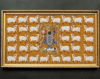 Shrinath Ji Pichwai Paintings, Hindu God, Indian Folk Art, Spiritual Poster, cow artwork
