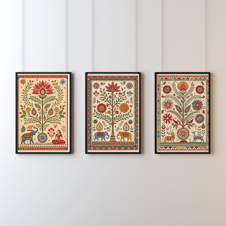 May include: Three framed art prints with colorful, detailed illustrations of trees, elephants, and floral patterns. The artwork features a cream-colored background with red, blue, yellow, and green accents. Each print is in a black frame.