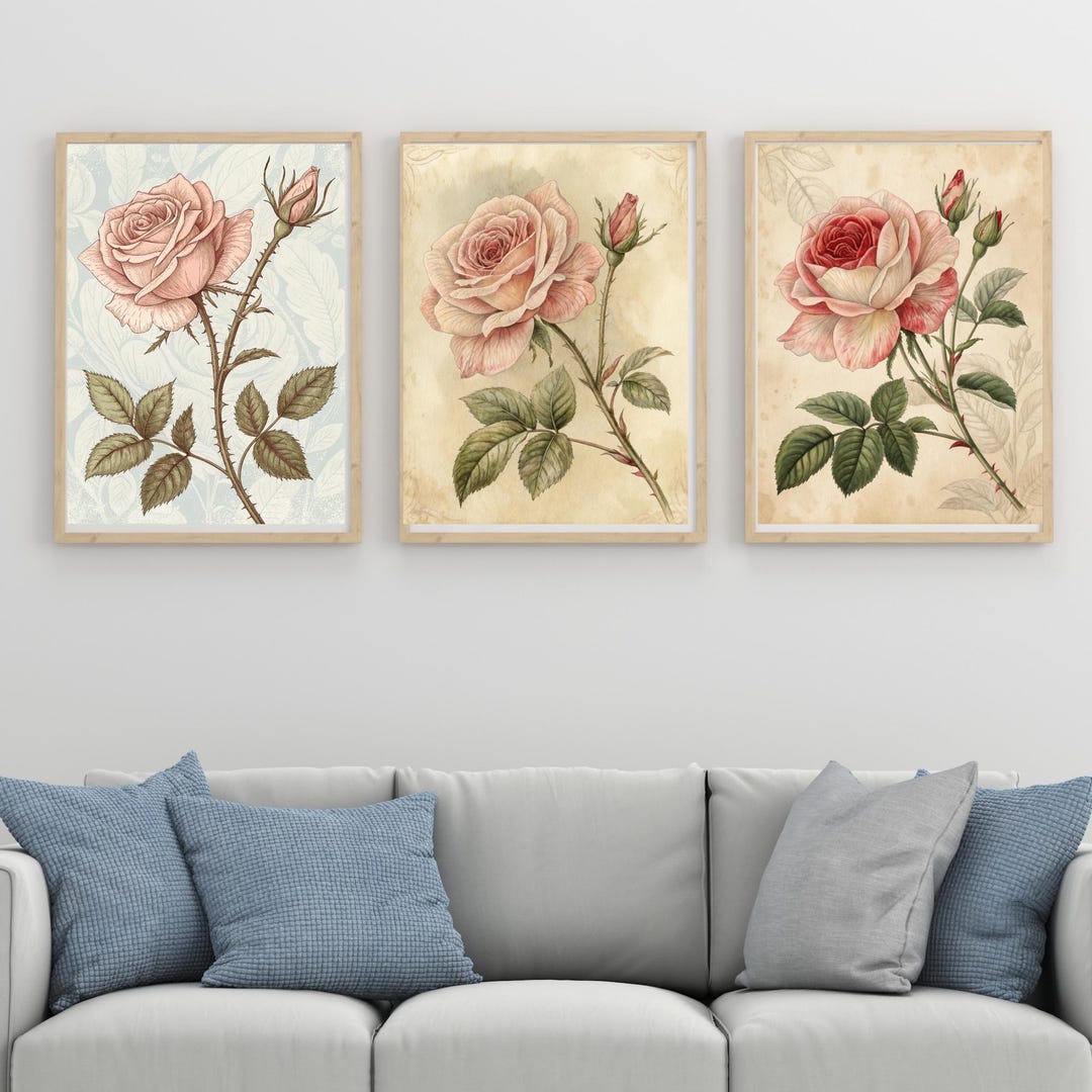 Vintage Rose Wall Art, Romantic Botanical Decor, Pink Flowers, Home ...