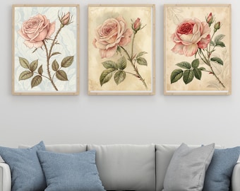 Vintage Rose Wall Art, Romantic Botanical Decor, Pink Flowers, Home Accent,