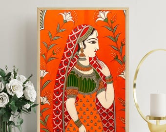 Madhubani Woman Art, Indian Folk Painting, Traditional print, Rajasthani Wall Décor, Boho Home