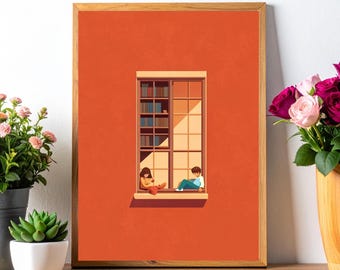 Window Reading Art Print: Cozy Minimalist Illustration (Digital Download)