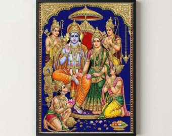 Ram Darbar Wall Art print, Lord Rama Sita Lakshman Hanuman Painting, Hindu god,