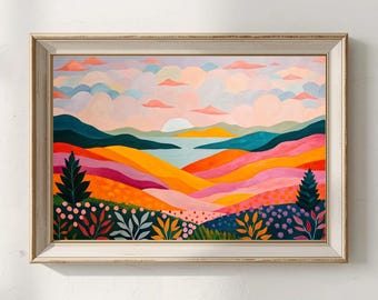 Abstract Mountain lake Floral Print: Colorful Patchwork sunset Landscape Art ,acrylic painting