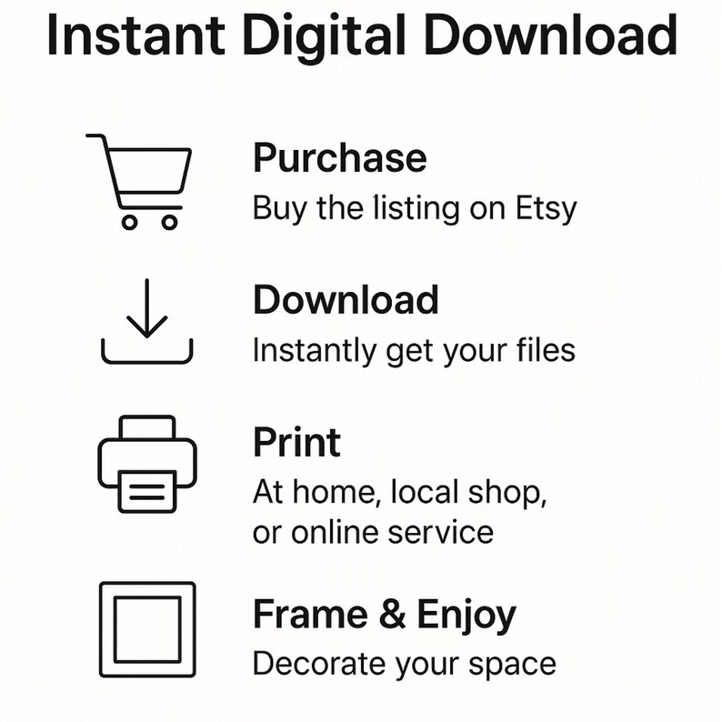 May include: White graphic with the text "Instant Digital Download" and instructions: Purchase, Download, Print, and Frame & Enjoy. Icons include a shopping cart, a download arrow, a printer, and a picture frame.