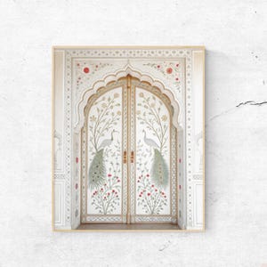 May include: A framed print featuring a detailed illustration of a white door with an arched doorway. The door is adorned with floral and peacock designs in red, green, and gold. The artwork has a vintage, ornate style.