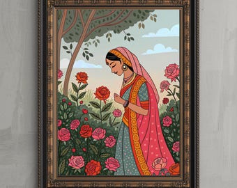Roses Wall Art, Madhubani Woman Style Folk Painting, Boho Floral Indian Decor , Ethnic  Home