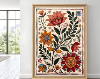 May include: A framed floral art print featuring a vibrant design. The artwork showcases a variety of colorful flowers in shades of red, orange, and blue, set against a cream background. The print is enclosed in a gold-colored frame.