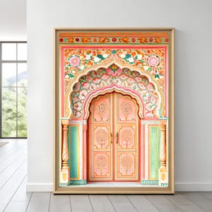 May include: A framed art print depicting a detailed illustration of an ornate, pink and orange arched doorway. The artwork features intricate floral patterns, columns, and a wooden frame, suggesting cultural richness and architectural beauty.