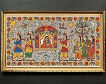 vintage Madhubani Painting, Indian Folk Art, Traditional Pichwai Decor for Living Room & Bridal Gift