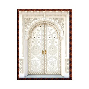 May include: A detailed image of a white, ornate door with intricate carvings and floral designs. The door features a decorative archway and is framed by a dark brown border. The door has gold-colored handles.