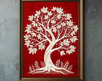 Tree of Life ,Madhubani Art Set, Indian Folk Wall Decor, Red Boho Digital Prints