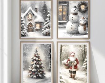 Arte de parede vintage de boneco de neve de Natal | Decoração para impressão de férias de inverno | Impressão de Natal em estilo fazenda