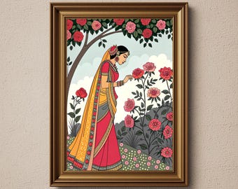Woman Floral Art, Madhubani Indian Folk, Traditional Ethnic home Decor, lady in the garden