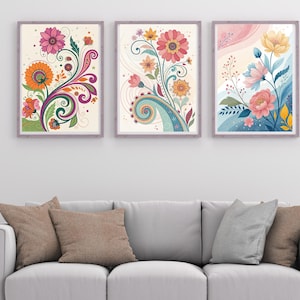 beautiful Boho Abstract Flowers Print Set of 3, Terracotta Prints, Floral Wall Art, Vintage Art Print, Boho Printable Art,gift home décor