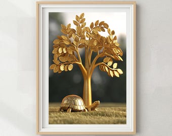 May include: A framed art print featuring a golden tree with detailed leaves and a golden turtle on a grassy surface. The artwork has a natural wood frame and a white mat, creating a striking contrast.