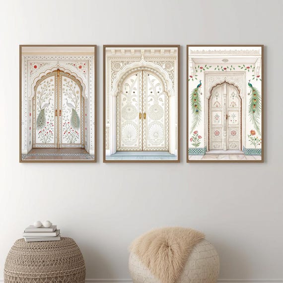White Rajasthani art, Peacock Door print, Indian Floral Wall Decor, Traditional Mughal Home