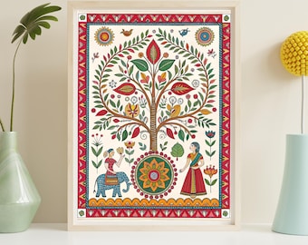 Impression d'arbre de vie de Madhubani, art de l'éléphant indien (téléchargement numérique)