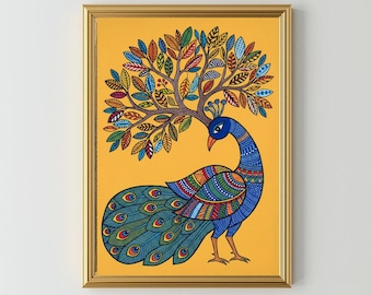 Stampa di pavone vibrante, Gond tribale, arte popolare indiana, stampe di animali, vita degli alberi