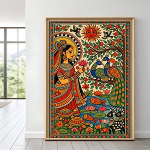 May include: Framed artwork depicting a woman in traditional Indian attire holding a lotus flower. The vibrant painting features peacocks, fish, turtles, and deer, set against a backdrop of a tree, sun, and water, with a decorative border.