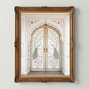 May include: A framed print featuring a detailed illustration of a white door with peacock and floral designs. The door is framed by an ornate gold frame. The artwork has a vintage aesthetic and is set against a neutral background.